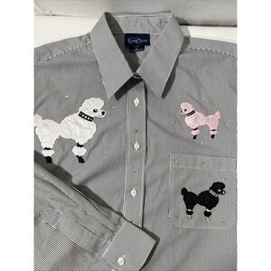 Las‎ Olas Blue Pinstripe Poodles Rhinestones  Down Blouse Size XL Cottagecore